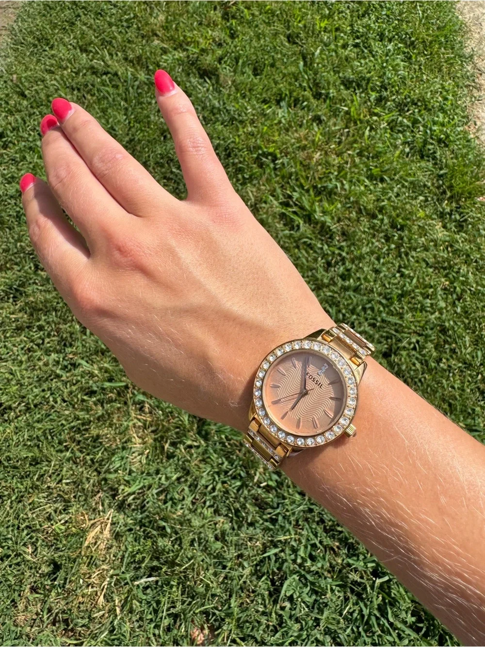 Fossil Gold-Tone Watch with Rose Dial and Crystal Bezel